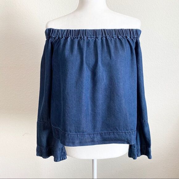 7 For All Mankind Blue Chambray Off the Shoulder Bell Sleeve Top Women’s XS Boho - Picture 1 of 7